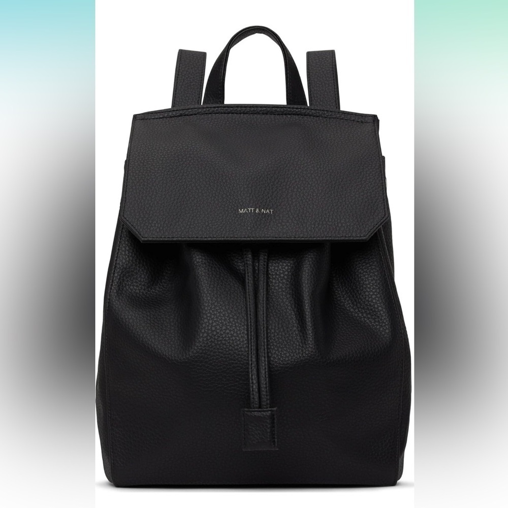 Matt & Nat Mumbai Black Vegan Leather Backpack Drawstring Flap Minimalist